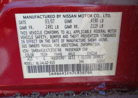 2007 Nissan Maxima 3.5 Sl z USA, uszkodzony, nr VIN 1N4BA41EX7C856766